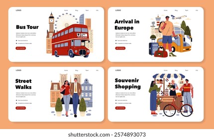 Eurotour concept. Travel exploration across Europe featuring bus tours, cultural experiences, and local markets. Discover iconic landmarks, enjoy street walks, and shop for souvenirs. Vector