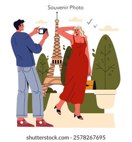 Eurotour illustration. A couple captures a memorable moment in front of the Eiffel Tower while exploring Paris. The man takes a photo of a woman posing elegantly, portraying joy and adventure. Vector