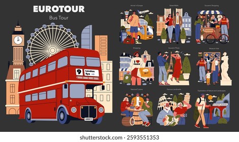 Eurotour illustration. A vibrant exploration of European cities through bus travel. Tourists engage in shopping, savor local cuisines, visit famous landmarks, and enjoy cultural experiences. Vector