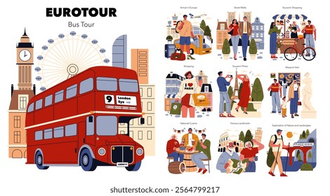 Eurotour vector illustration captures the essence of a bus tour across Europe, featuring iconic attractions and activities. Highlights include shopping, museum visits, and unique experiences in famous