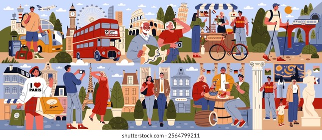 Eurotour vector illustration. A lively portrayal of travelers exploring iconic European landmarks and cultures. Scenes include sightseeing, enjoying street food, and sharing memorable moments. The