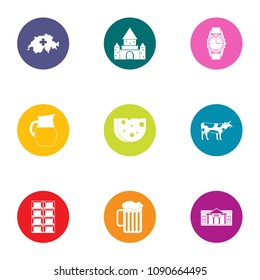 Eurotrip icons set. Flat set of 9 eurotrip vector icons for web isolated on white background