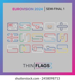 Eurovision 2024 Song Contest - Editable Country Thin Flags Icon Set. Europe. Editable Stroke European Music Flags - Semi-Final 1