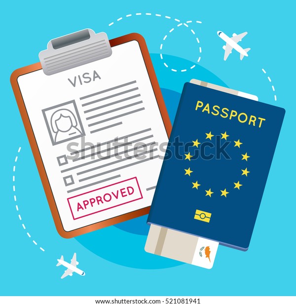 ユーロ圏ヨーロッパビザ認定印紙航空機券付きパスポート 移民スタンプ ベクターイラスト のベクター画像素材 ロイヤリティフリー 521081941