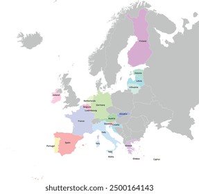 Eurozone map with 20 members in Europe Continent without sea background