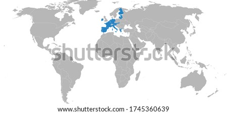 Eurozone member states isolated on world map. Euro is their common currency. Light gray background. Business concepts and financial relations.