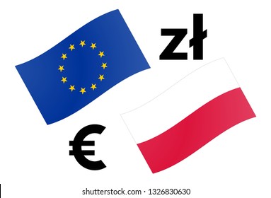 EURPLN forex currency pair vector illustration. EU and Polish flag, with Euro and Zloty symbol.