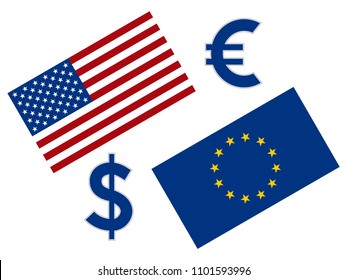 EURUSD forex currency pair illustration. EU and American flag, with Euro and Dollar symbol.