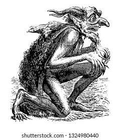 Eurynome, superior demon having big and long teeth, a terrible body covered with sores and skin fox for clothing, vintage engraved line art illustration. Infernal Dictionary 1863.