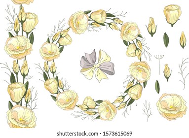 
Eustoma isolated on a white background. Decor elements and borders made of eustoma and stylized herbs. Seamless flower brush