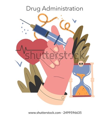 Euthanasia concept. Compassionate end-of-life care with a symbolic heart, syringe, and hourglass. Ethical debates on life termination. Vector illustration.