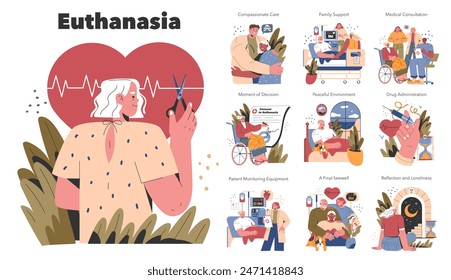 Concepto de eutanasia. Una descripción compasiva de las opciones y cuidados al final de la vida. Comodidad, toma de decisiones y despedidas en un ambiente tranquilo. Ilustración vectorial.