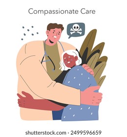 Euthanasia concept. A doctor provides emotional support to an elderly patient contemplating end-of-life options. Compassionate care at life's end. Vector illustration.