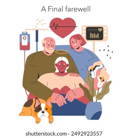 Euthanasia concept. Illustration of a tender moment as family gathers for a final farewell beside a loved one's hospital bed. Emotional end-of-life care scene. Vector illustration.