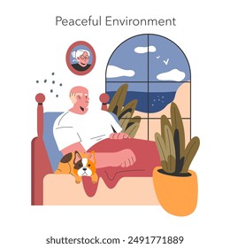 Euthanasia concept. Serene end-of-life care in a home setting, with family memory. Peaceful transition with pet companionship. Vector illustration.