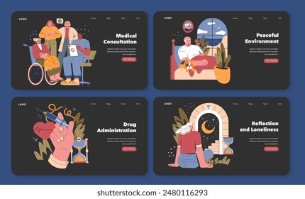 Euthanasia concept set. End-of-life choices in healthcare, peaceful final moments, medication delivery, and solitary contemplation. Vector illustration.