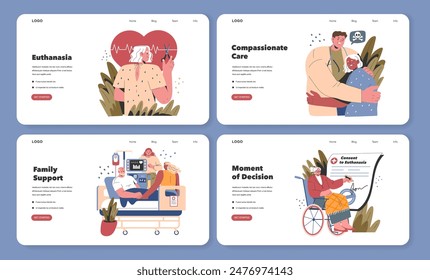 Euthanasia concept set. Exploring the emotional depths of end-of-life choices, family support, and compassionate care. Vector illustration.