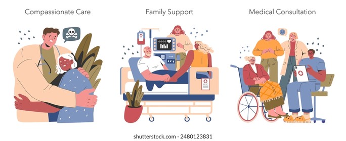 Euthanasia concept set. Illustrations depict compassionate end-of-life scenarios including care, family support, and medical consultation. Vector illustration.