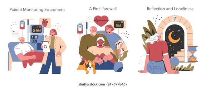 Euthanasia concept set. Patient end-of-life care, emotional goodbye moment, contemplation on mortality. Compassionate terminal illness support. Vector illustration.