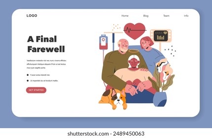 Euthanasia concept. A tender moment capturing a family's goodbye to a loved one in a medical setting. Compassion and ethical debate. Vector illustration.