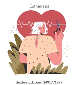 Euthanasia concept. A thoughtful person with scissors cutting an ECG line symbolizes life's end, amidst a backdrop of nature. Vector illustration.