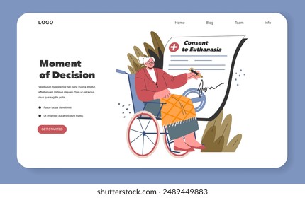 Euthanasia consent concept. An elderly person in a wheelchair signing a euthanasia agreement. The delicate choice of life's endpoint. Vector illustration.