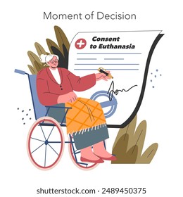 Euthanasia consent concept. Elderly person in a wheelchair signs a life-ending decision. Medical ethics and patient choice illustration. Vector illustration.