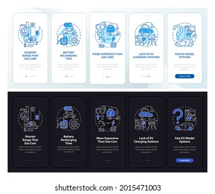 EV bads onboarding mobile app page screen. Electric vehicles comparison walkthrough 5 steps graphic instructions with concepts. UI, UX, GUI vector template with linear day, night mode illustrations