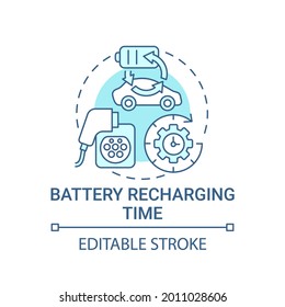 EV Battery Recharging Time Concept Icon. Electric Vehicle Charge Potential Abstract Idea Thin Line Illustration. Driving Eco Car Needs. Vector Isolated Outline Color Drawing. Editable Stroke