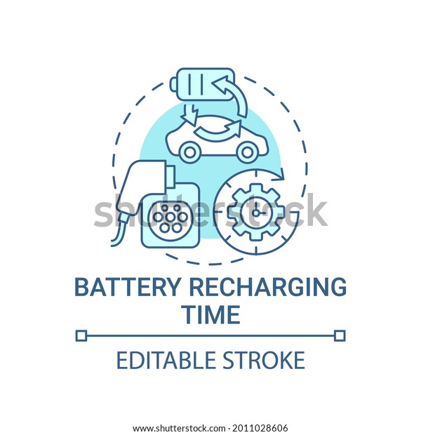 EV battery recharging time concept icon. Electric\
vehicle charge potential abstract idea thin line illustration.\
Driving eco car needs. Vector isolated outline color drawing.\
Editable stroke