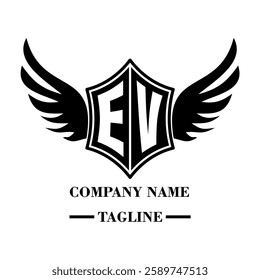 EV A bold winged shield emblem with customizable initials A-Z. Sleek black-and-white vector, perfect for branding, sports teams, motorcycle clubs, gaming,apparel and High-quality
