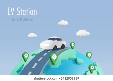 EV car charging station. Electric vehicle car with charging stations service on road over world. Alternative green energy for sustainable environment. 3D vector created from graphic software.