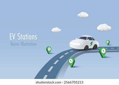 EV car charging station. Electric vehicle car with charging stations service on road over world. Alternative green energy for sustainable environment. 3D vector.