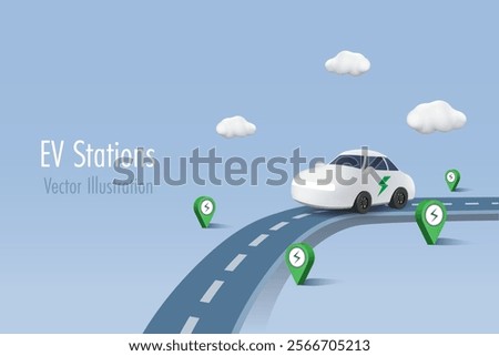 EV car charging station. Electric vehicle car with charging stations service on road over world. Alternative green energy for sustainable environment. 3D vector.