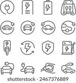 EV Car Charging Station Vector Line Icons. Contains such Icons as Electric socket station, Car plugged to charge, Battery and more. Editable Stroke.