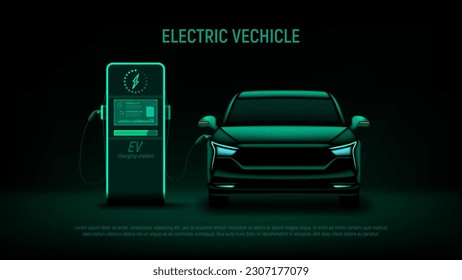 EV car at charging station. Vector illustration with green silhouette of electric car and charging station. Eco-friendly sustainable energy concept. Banner with modern hybrid auto.