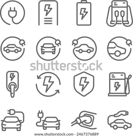 EV Car Charging Station Vector Line Icons. Contains such Icons as Electric socket station, Car plugged to charge, Battery and more. Editable Stroke.