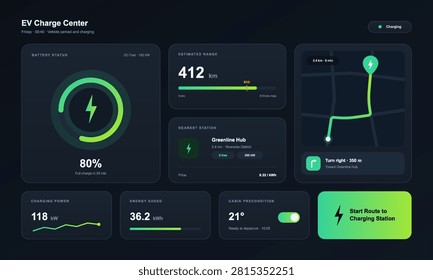 EV car dashboard interface in futuristic neon style. Automotive dashboard with charging status, battery level, map navigation, and power telemetry. Futuristic electric vehicle smart UI. Vector graphic