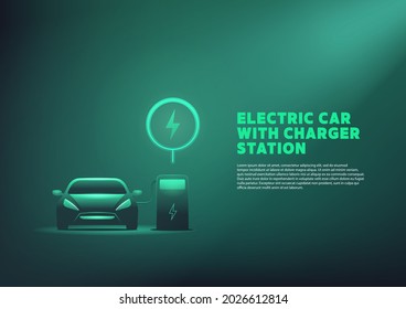 EV Car or Electric charging at the charger station with the power cable supply plugged in.