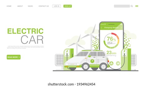 EV Car Or Electric Car At Charging Station. Concept Illustration For Green Environment. Landing page in Flat Style. Vector EPS 10