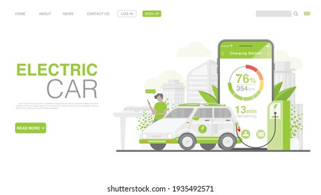 EV Car Or Electric Car At Charging Station. Concept Illustration For Green Environment. Landing Page in Flat Style. Vector EPS 10