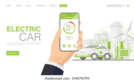 EV Car Or Electric Car At Charging Station. Concept Illustration For Green Environment. Landing Page in Flat Style. Vector EPS 10