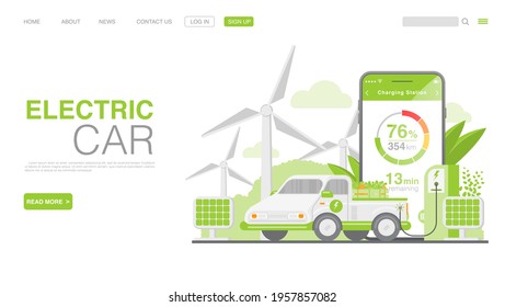 EV Car Or Electric Car At Charging Station. Concept Illustration For Green Environment. Landing Page in Flat Style. Vector EPS 10