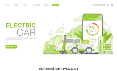 EV Car Or Electric Car At Charging Station. Concept Illustration For Green Environment. Landing Page in Flat Style. Vector EPS 10