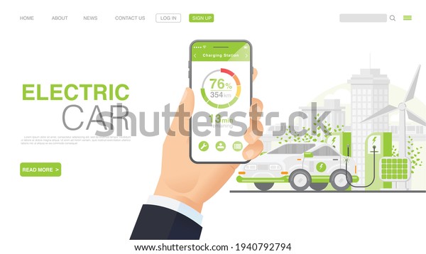 EV Car Or Electric Car At Charging Station. Concept\
Illustration For Green Environment. Landing Page in Flat Style.\
Vector EPS 10