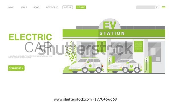 EV Car Or Electric Car At Charging Station. Concept\
Illustration For Green Environment. Landing Page in Flat Style.\
Vector EPS 10