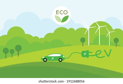 EV Car, Electric Car Clean Energy Environment Friendly, Electric Car With Power Cable And Electric Plug With Nature Tree.