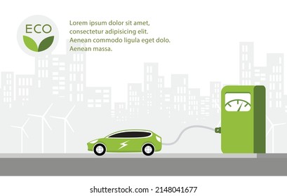 EV car, Electric car clean energy environment friendly, Electric car with power cable and electric plug with nature tree.