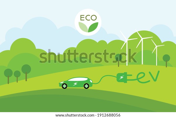 EV\
car, Electric car clean energy environment friendly, Electric car\
with power cable and electric plug with nature\
tree.