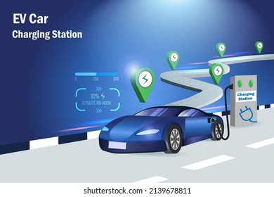 EV Car, Electric Vehicle Car And Charging Stations Service On Road. Rechargable Battery For Sustainable Clean Energy Resources. Alternative Energy In Transportation Technology.